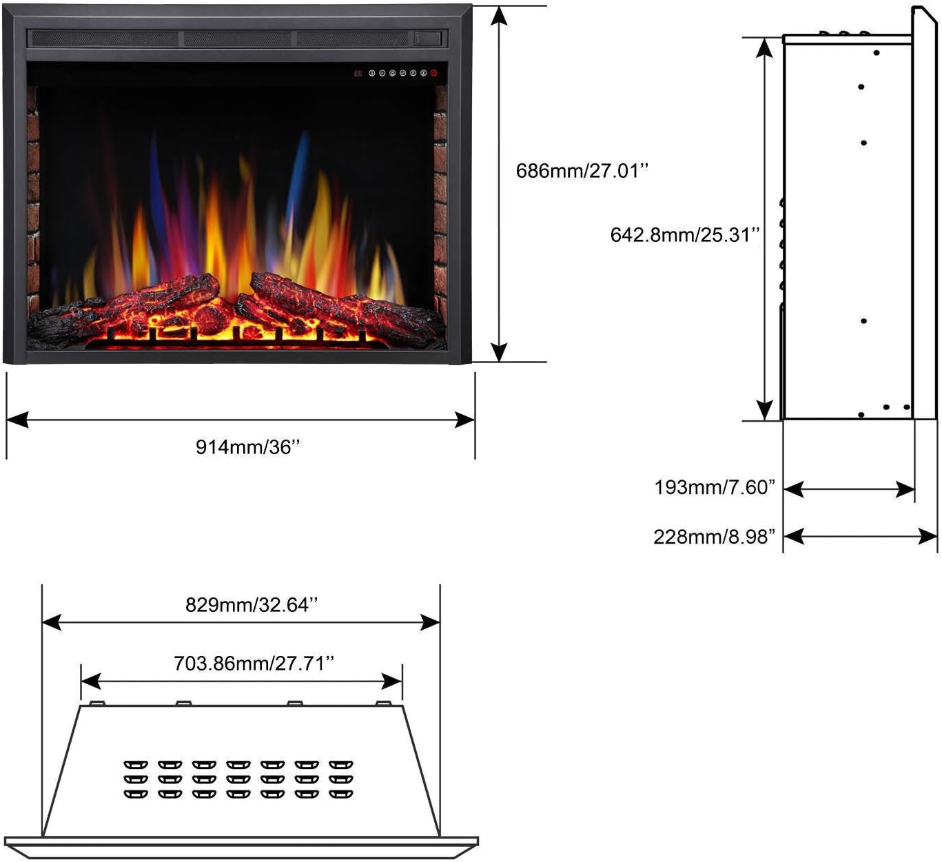 R.W.FLAME 36" Electric Fireplace Insert ,Recessed Electric Stove Heater,Touch Screen,Remote Control,750W-1500W with Timer & Colorful Flame Option