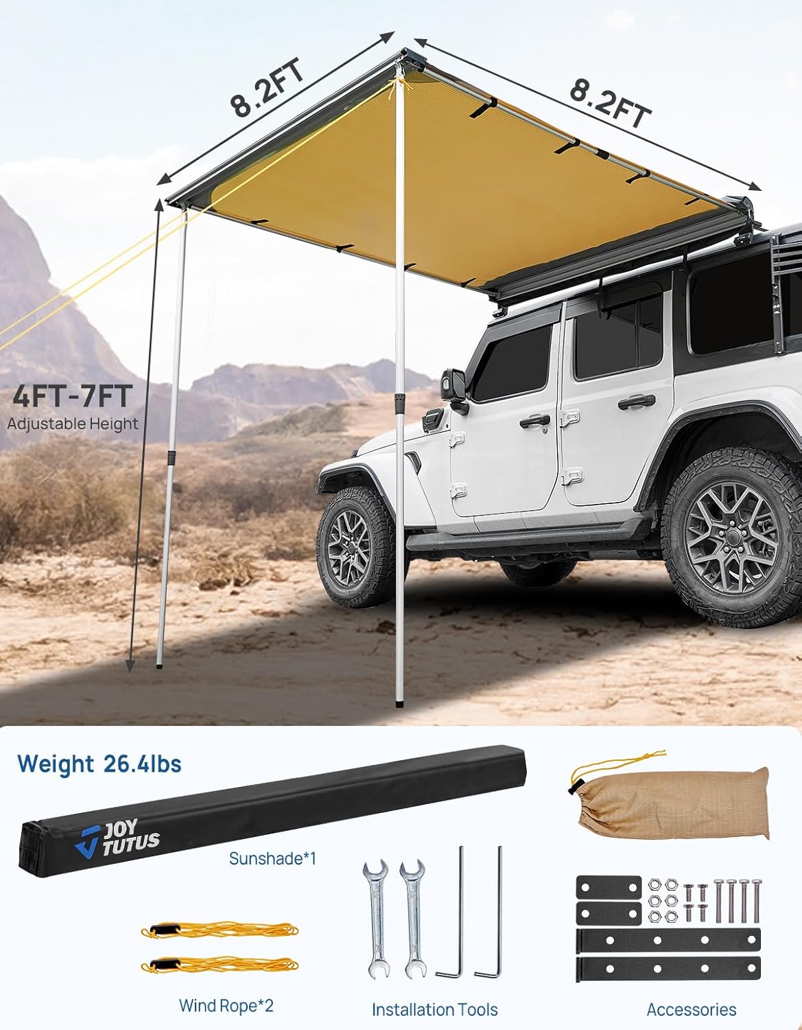 JOYTUTUS Vehicle Awning 8.2'x8.2' Roof Rack Pull-Out Sun Shade UV50+, Weatherproof 4x4 Side Awning for Camping, Car Awning with Adjustable Hardware, Quick Set-up, SUV/Truck/Van