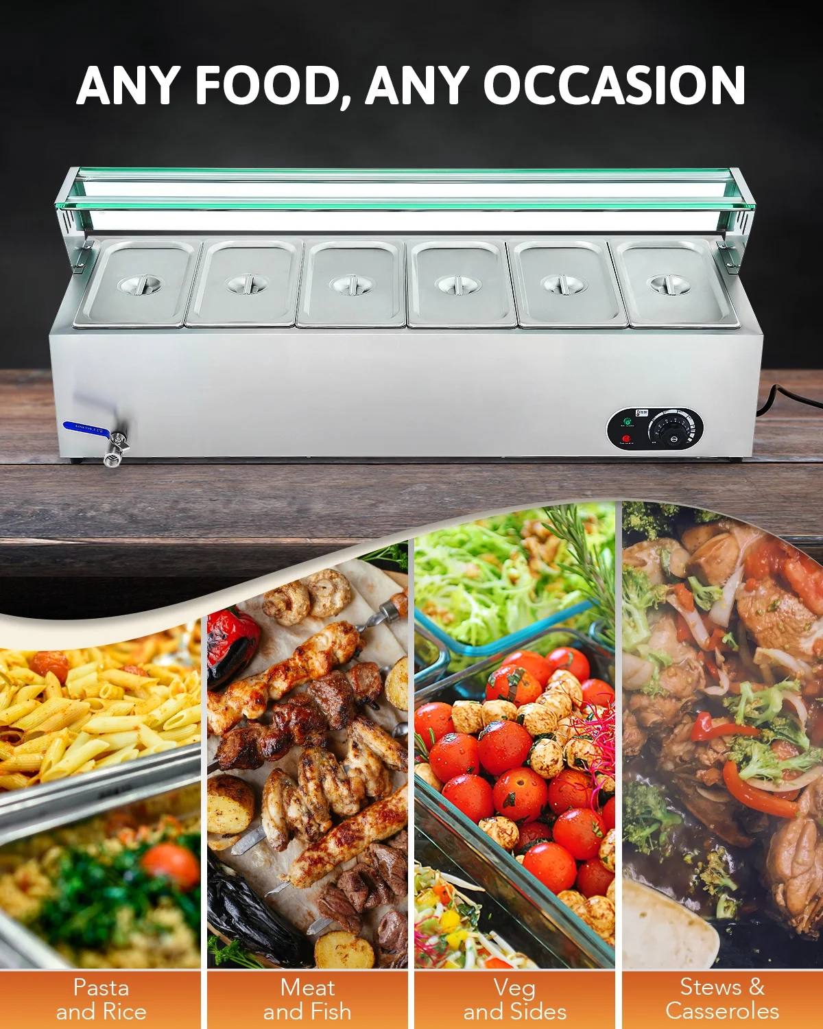 Wilprep Commercial Food Warmer 1200W Bain Marie Food Warmer with 6 Stainless Steel Pans