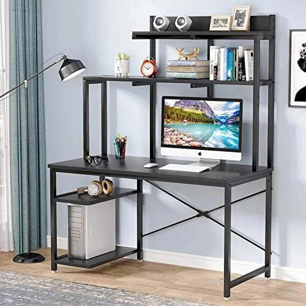 Computer Desk with Shelves and Hutch  47 Inch  Office Desk with  Bookshelf CPU Stand  PC Laptop Workstation Writing Study Table for Small Space  Space-Saving Desk (Black)