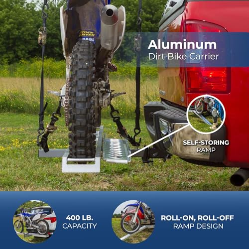 Black Widow Motorcycle Hitch Carrier with Loading Ramp Lightweight Aluminum 400 lb. Capacity Anti-Rattle Included Fits 2" Receiver