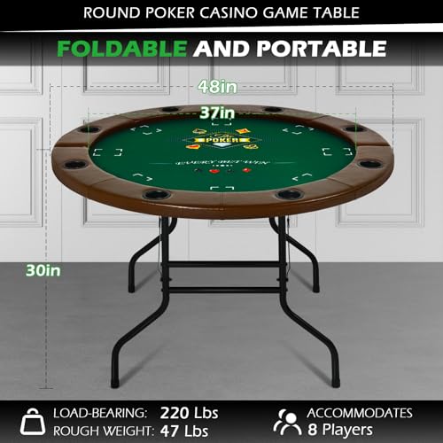 RayChee 8 Player Foldable Poker Table, Texas Holdem Table, Folding Leisure Game Table, Portable Casino Table for Game Room with Padded Rails and Cup Holders (Black, 71 inch)