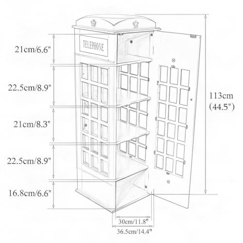 Telephone Booth 5-Tier Wooden Bookcase Freestanding CD Storage Cabinet Living Room Display Bookshelf with Front Door, 44.5" H x 14.4" W x 14.4" D (Off White)