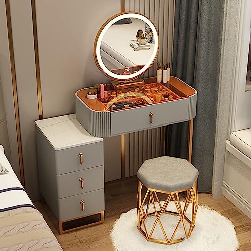 Vanity Set Makeup Dressing Table with Large Round Lighted Mirror, Glass Top, Vanity Table with 4 Drawers Sideboard and Cushioned Stool for Bedroom, Girls Women Gifts