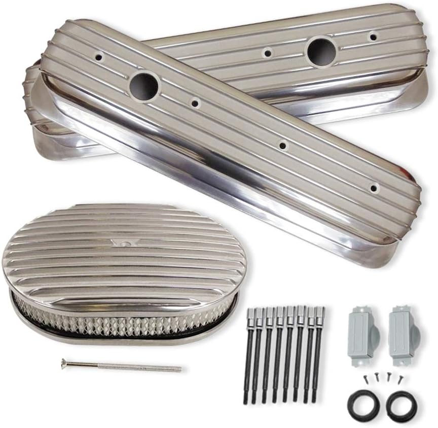 DEMOTOR PERFORMANCE Finned Tall Polished Valve Covers for SBC 283 327 350 383 with 12" Oval Finned Polished Air Cleaner Kit