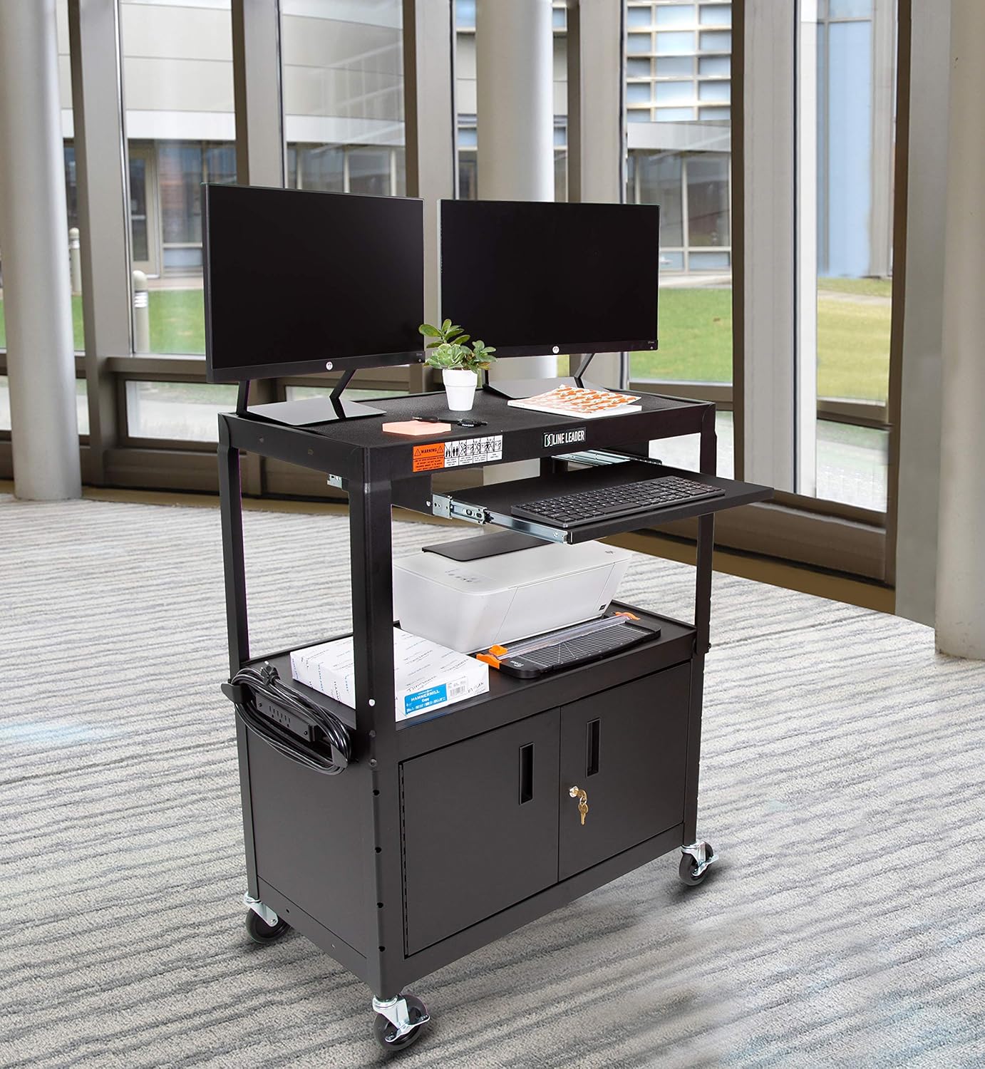 Line Leader Large AV Cart with Locking Cabinet | Height Adjustable Utility Cart | Includes Pullout Keyboard Tray & Cord Management | Easy Assembly (32in x 18in x 42in / Black)