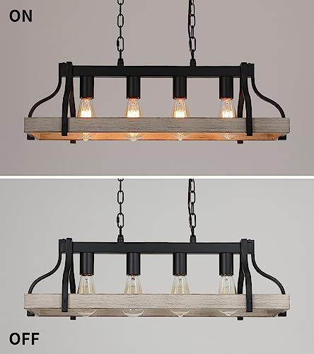 Rustic Kitchen Island Dining Room Light Fixture Farmhouse Linear Chandelier Black and Retro Wood Finish 4-Light Industrial Metal Hanging Pendant Light UL Listed L28.3 W10.6