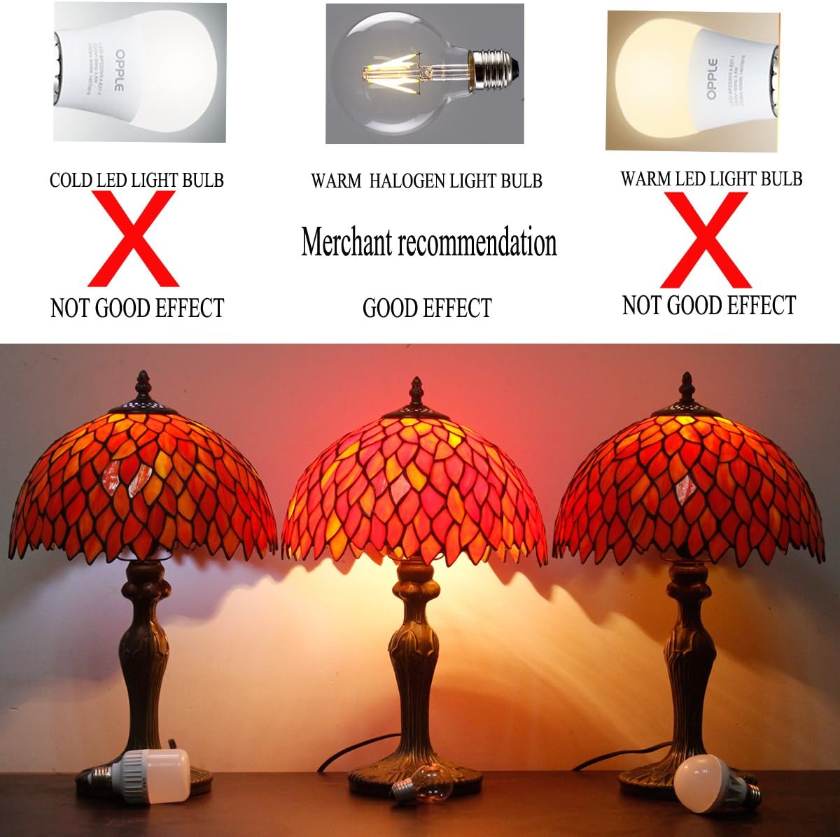 WERFACTORY Tiffany Lamp Stained Glass Table Lamp Red Wisteria Style Desk Bedside Reading Light 12X12X18 Inches Deco Bedroom Living Room Home Office S523R Series (A)