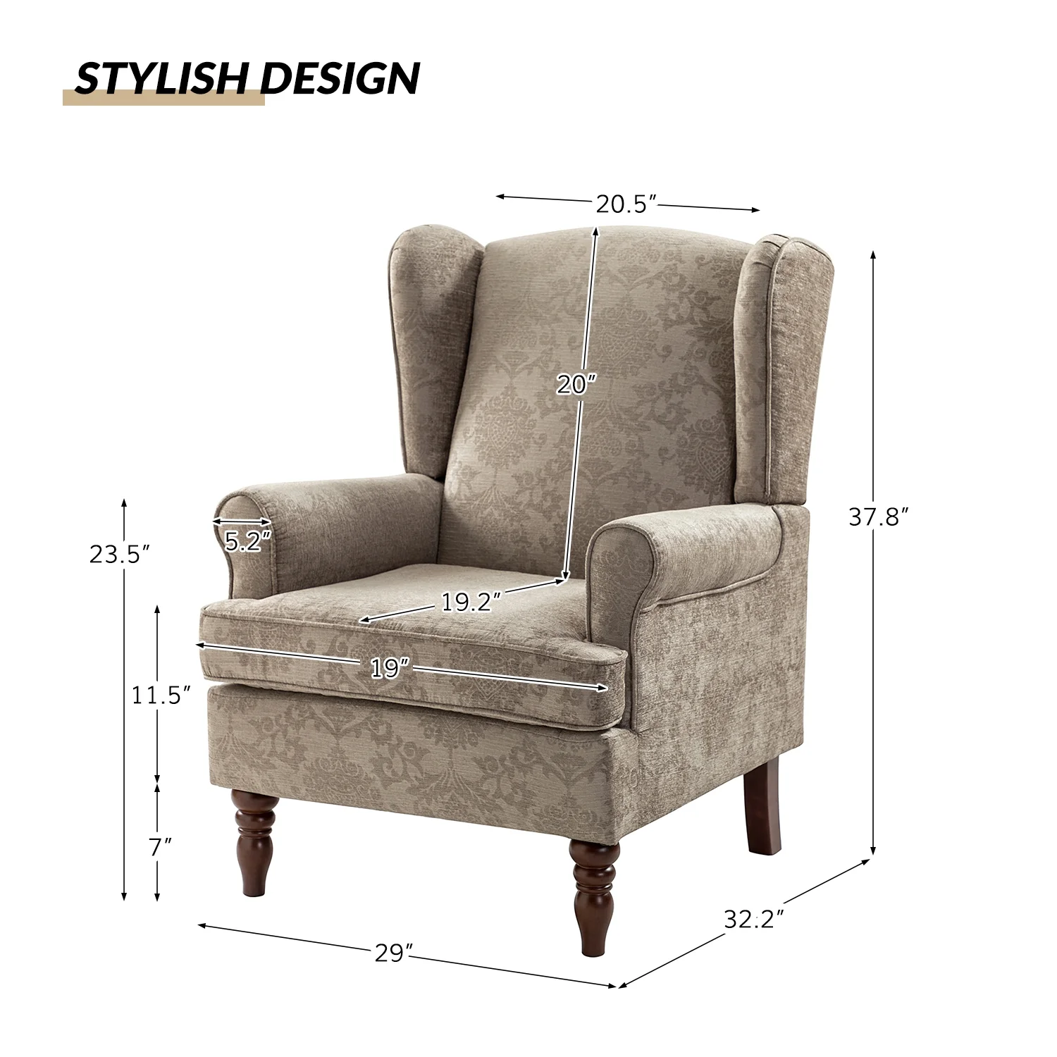 Wooden Upholstered Armchair Set of 2, with Wingback Lounge Sofa Accent Chair Turned Legs for Home Living Room & Bedroom, Brocade