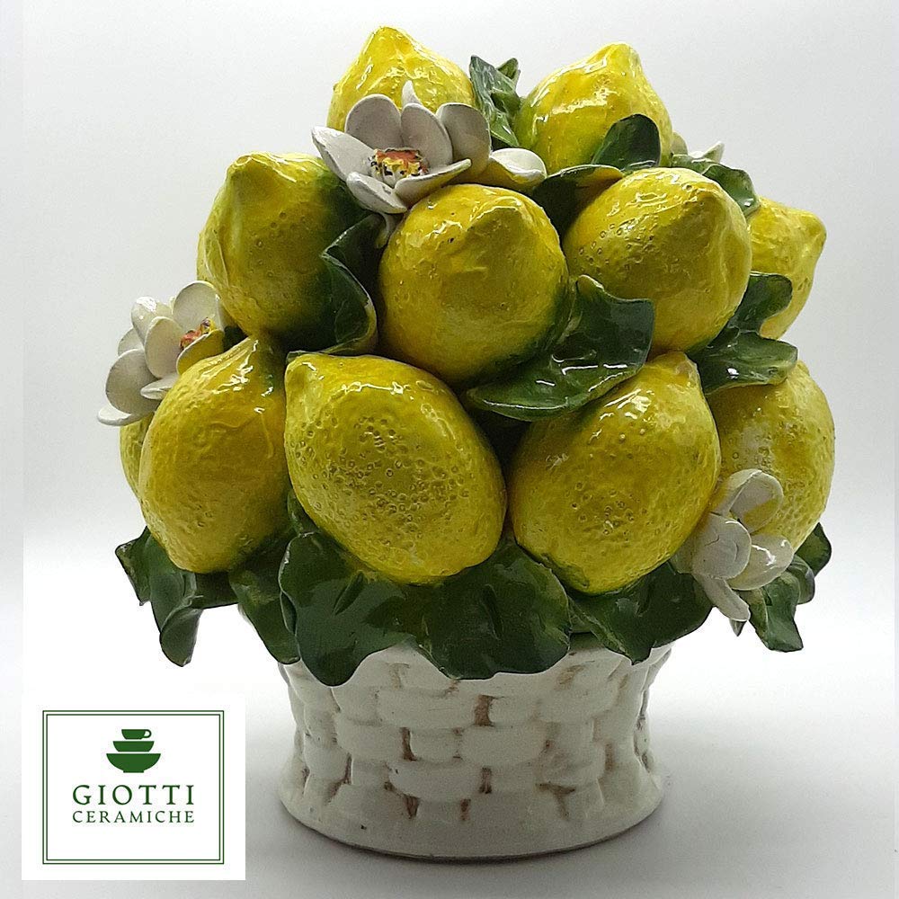 Italian Ceramic Lemons centerpieces for dining room table - 9 inches Tall Hand Made Centerpiece table decorations - Made in ITALY - Italian Pottery decorative fruit basket for kitchen with Lemon