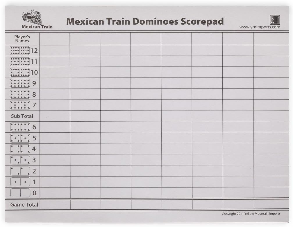 Yellow Mountain Imports Mexican Train Complete Set with Double 12 Dominoes (Pips/Dots), Wooden Hub, Die Cast Train Markers, and Scorepad