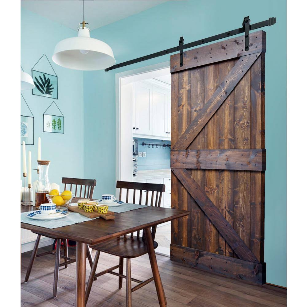 WELLHOME 42 in. x 84 in. K-Series Dark Walnut DIY Finished Knotty Pine Wood Sliding Barn Door Slab with Hardware Kit