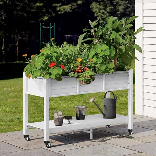 DWVO 47x18x31in Raised Garden Bed, Weather Resistant Poly Wood Planter Box Stand, Planter Box with Legs, Storage Shelf & Lockable Wheels, Elevated Garden Bed for Backyard Patio Balcony - White