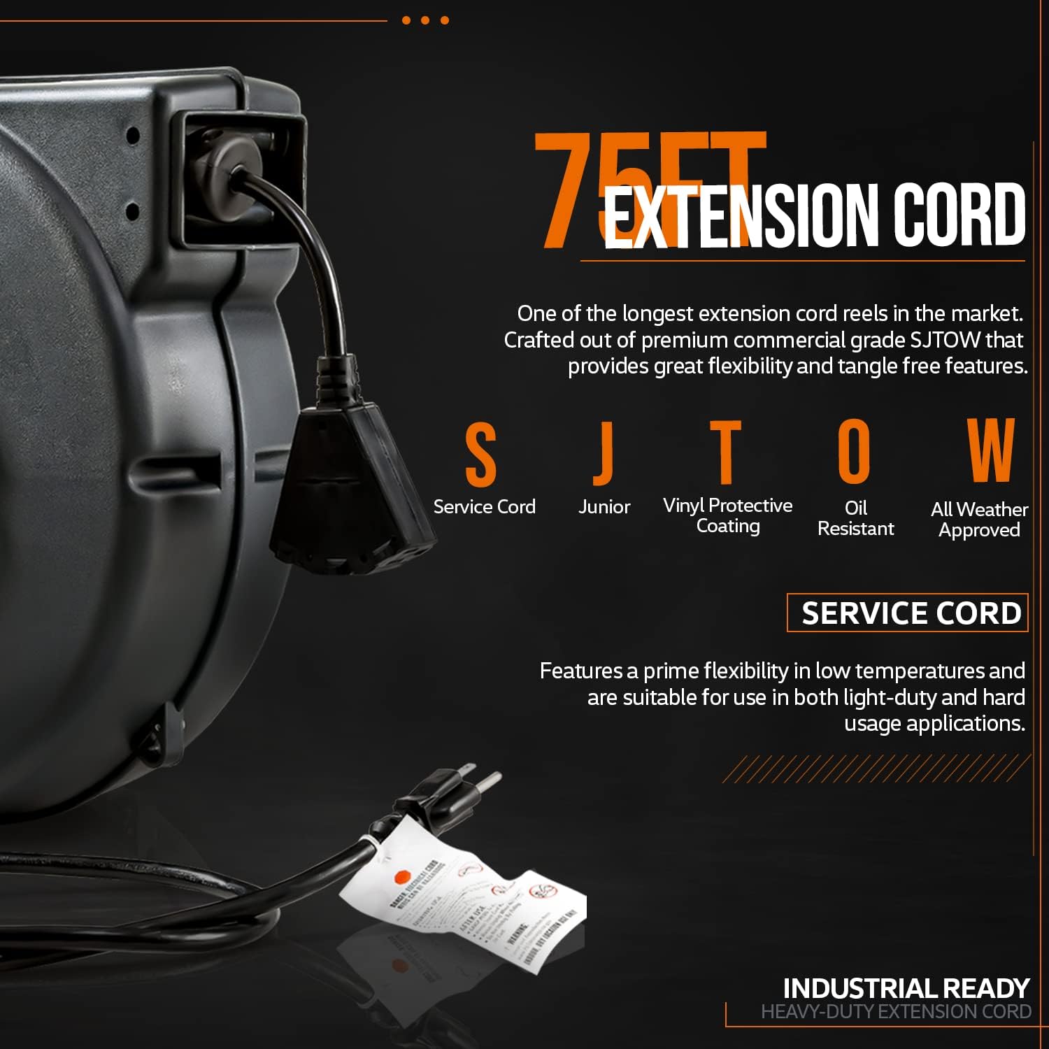 SuperHandy Extension Cord Reel Retractable 12AWG x 75' Feet Commercial Premium Flexible 3C/SJTOW Cable with Triple Tap Connector