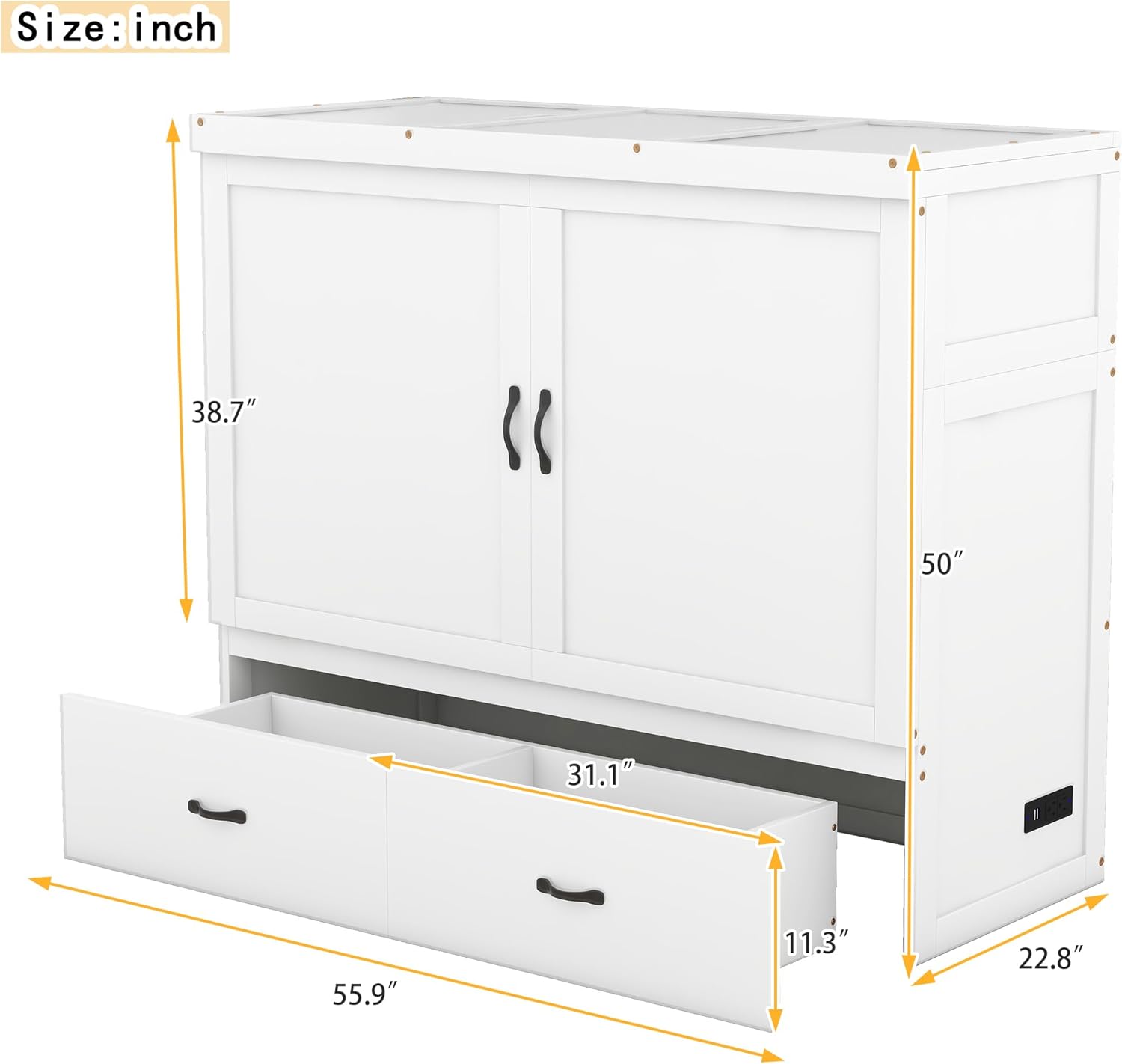 Full Size Murphy Bed Cabinet with Storage Drawer and USB Port, Wood Foldable Bedframe WallBed for Bedroom Apartment Small Spaces, White