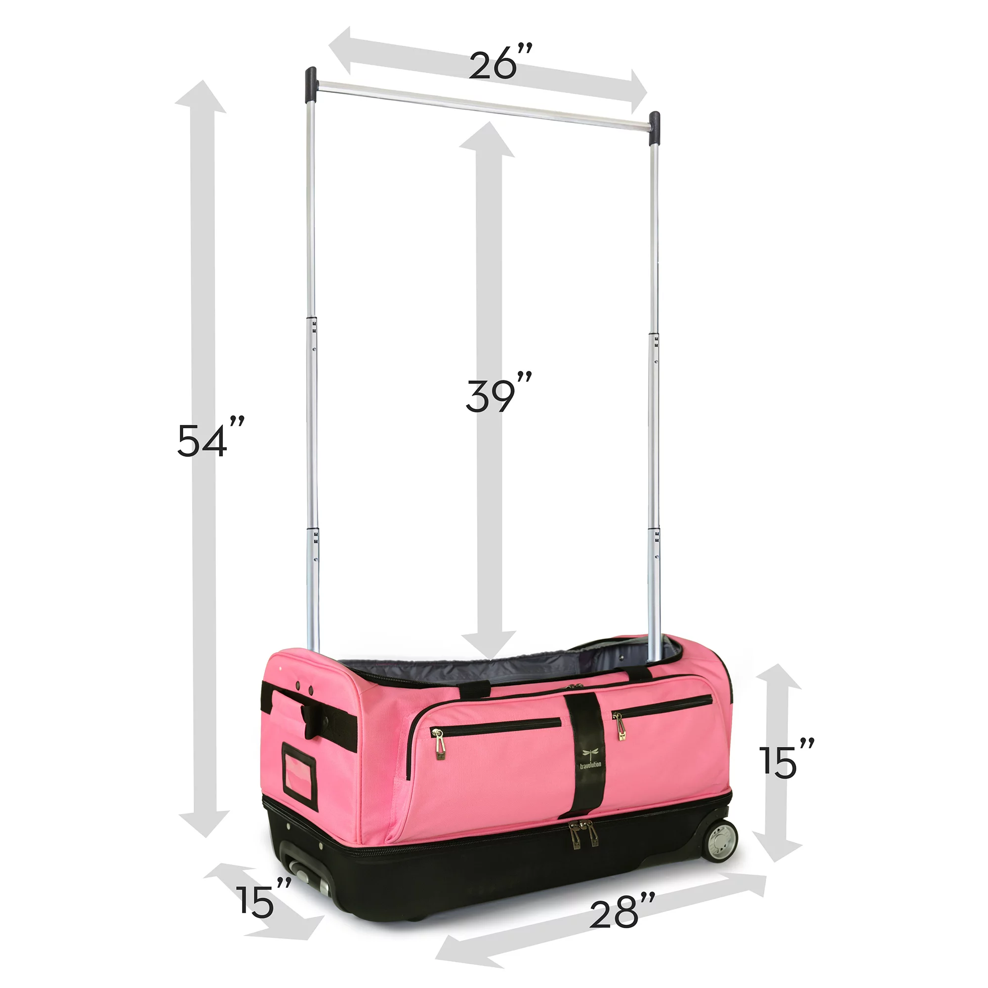 Travolution® – Newly Designed Garment Rack 28 inch Duffel with Wheels, Collapsible Lightweight Drop-Bottom Travel Luggage, Dance Costume Dream Duffel, Pink/Black