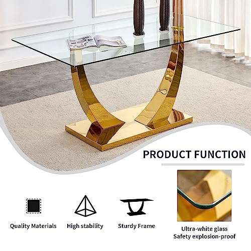 63" Glass Dining Table for 6-8, Large Rectangular Dining Room Table, Luxury Kitchen Dining Table with Tempered Glass Top and Special-Shaped Pedestal Base, Glass Table for Kitchen Dining Meeting Room