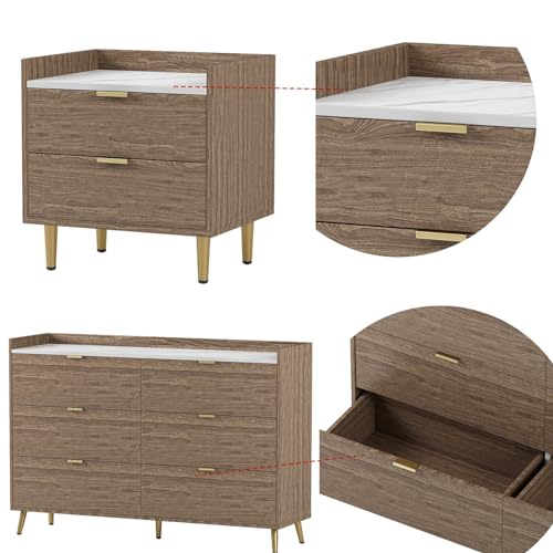 Merax 3 Pieces Bedroom Sets, Queen Size Upholstered Platform Bed with Storage Nightstand and 6 Drawers Dresser Cabinet, Motion Activated Night Lights, USB Charger, Natural