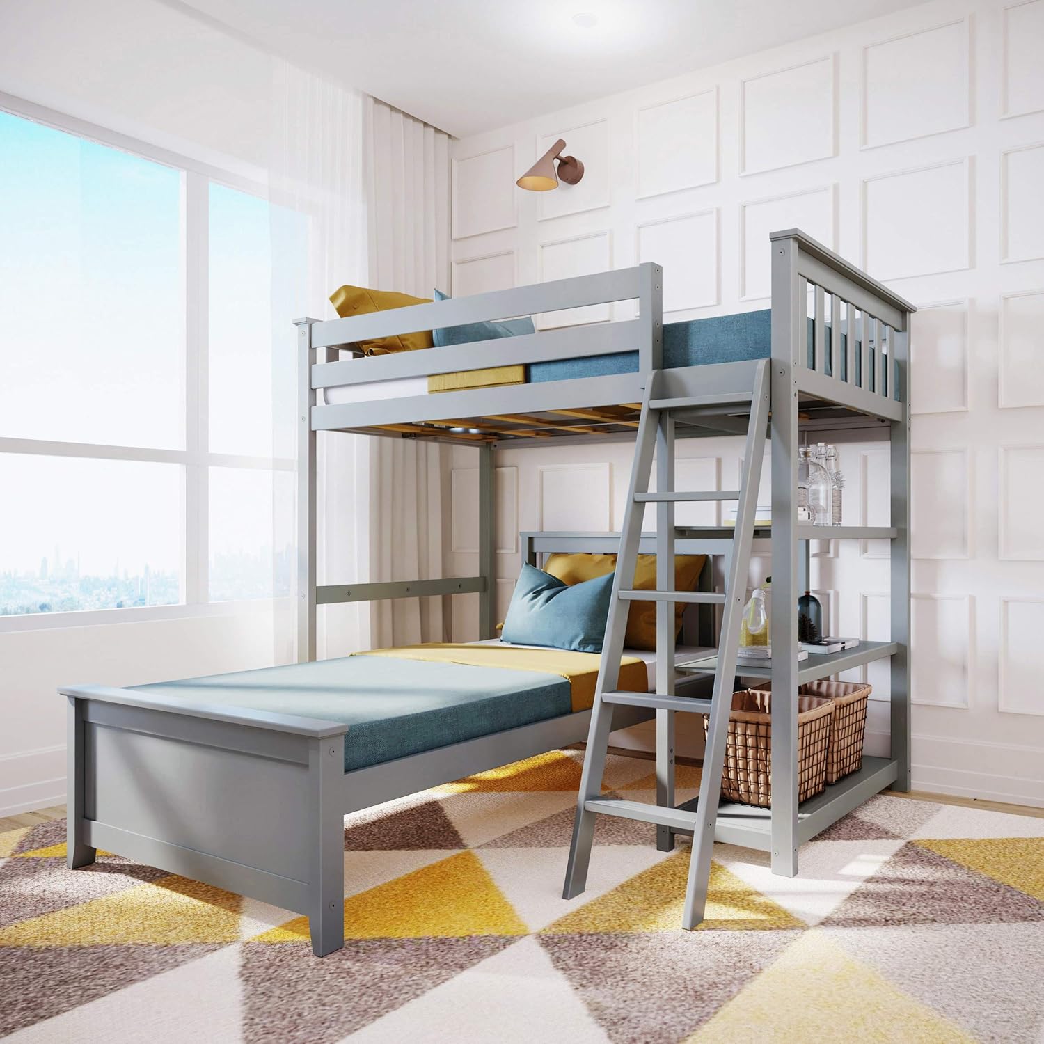 Max & Lily L Shape Bunk Bed with Bookcase, Twin/Full, White