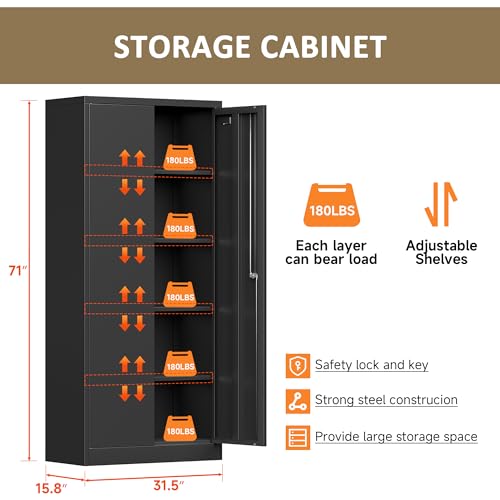 Metal Storage Cabinet with 2 Doors and 4 Adjustable Shelves,71”Lockable Cabinet,Tool Cabinet for Garage Storage, Utility Room,Home,Office,School (Black, 71 inch)