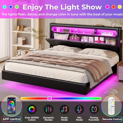 Queen Floating Bed Frame with RGB LED Lights Headboard, USB-C/A Power Combo, Linen Upholstered Platform Bed with Storage Headboard, Innovative Stable Structure, Dark Gray