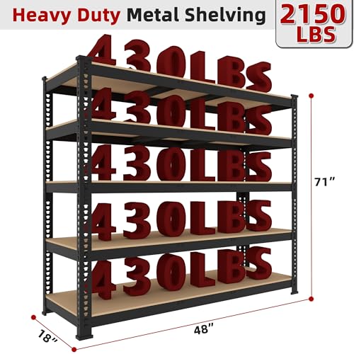 5 Tier Garage Storage Shelves - 32" W x 16" D x 63" H Adjustable Heavy Duty Metal Shelving Unit, Garage Shelving Utility Storage Rack for Basement, Pantry, Kitchen, Black, 2 PCS