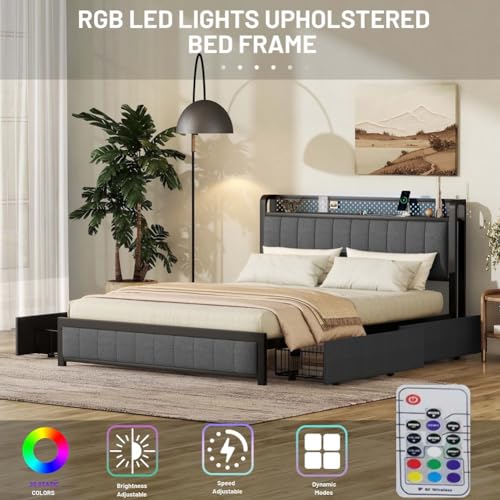 Queen Bed Frame, LED Bed Frame Queen Size with LED Headboard and 4 Storage Drawers, Upholstered Platform Bed with USB Port Sockets, Heavy Duty Wooden Slats Platform Bed Dark Gray