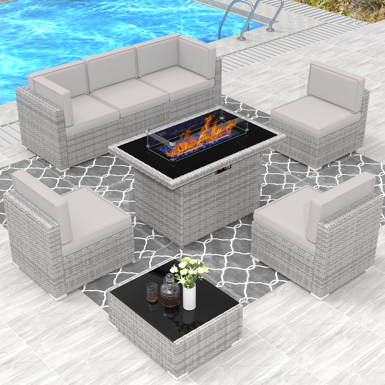 8 Piece Patio Furniture Set with 44" Propane Gas Fire Pit Table, Outdoor Sectional Conversation Set Wicker Rattan Sofa Set with Coffee Table