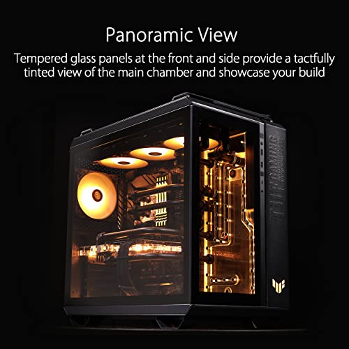ASUS TUF Gaming GT502 Plus TG ARGB Black Gaming PC Case, Mid ATX, Dual Camera, Toolless Side Panels, USB 3.2 Gen2 Type-C, 4 Pre-Installed ARGB Fans, Black