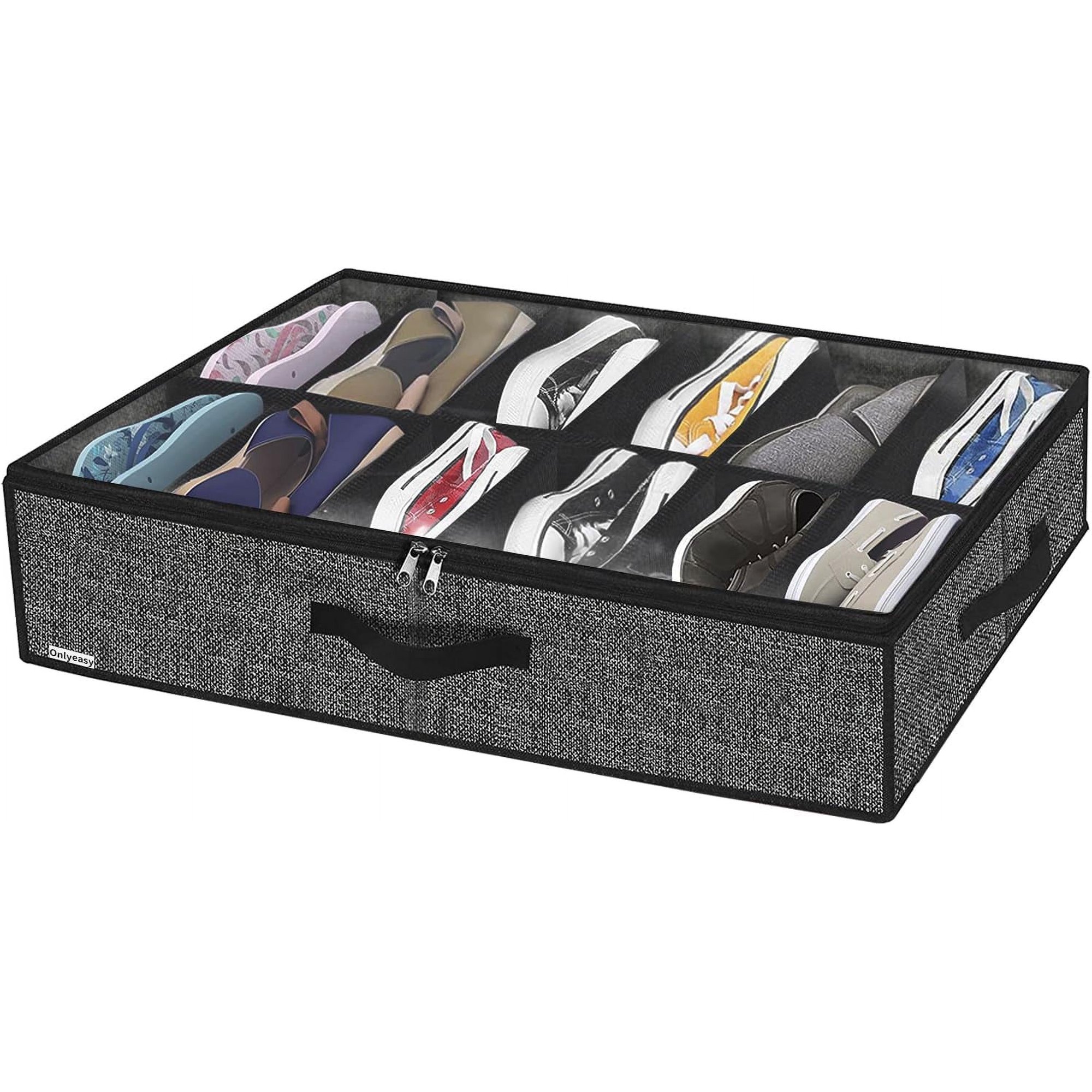 Under Bed Shoe Storage Organizer with Sturdy Handles and Clear Window  Premium Foldable Underbed Shoes Container Box for Closet, Linen-like Black