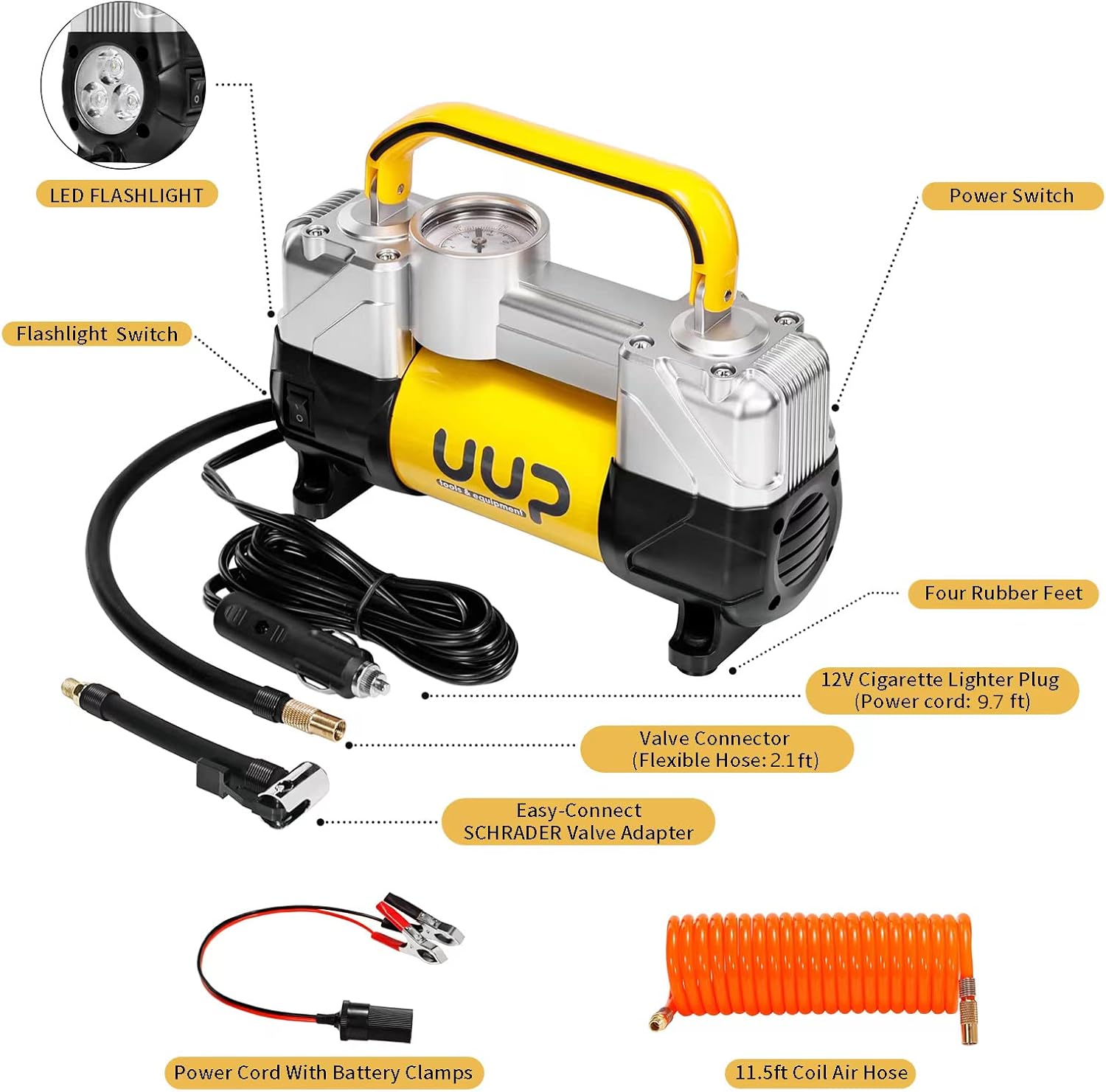 UUP Portable Air Compressor Tire Inflator Heavy Duty Double Cylinders with 12V DC,Metal Air Pump for Car Tires with Emergency LED Light for Car, Truck, SUV, Air Bed, Dinghy and Other Inflatables Pack of 2