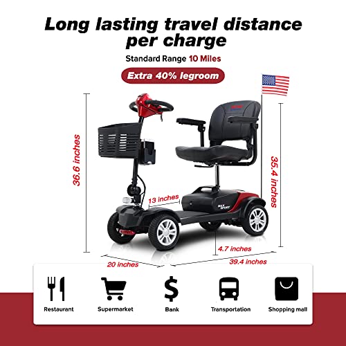 Electric Mobility Scooter for Seniors and Adults - Outdoor Electric Powered Wheelchair Device 300 LBS Max Weight- Compact Heavy Duty Mobile Scooter for Travel, Adults w/Cup & Phone Holder- Red