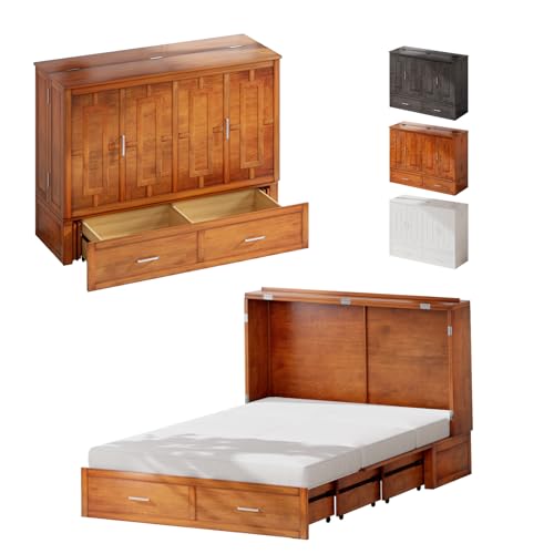 PUREMIND Queen Murphy Bed Cabinet with 2 Storage Drawers, Hideaway Murphy Chest Bed with Mattress, Cabinet Beds Wallbed with USB Charging Station for Bedroom, Guest Room