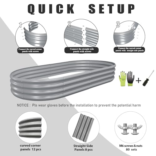 8 Pack 6x3x1FT Galvanized Raised Garden Bed Kit Oval Metal Ground Planter Box Outdoor Bottomless Planter Raised Beds for Vegetables Flowers Herbs Fruits, Gray