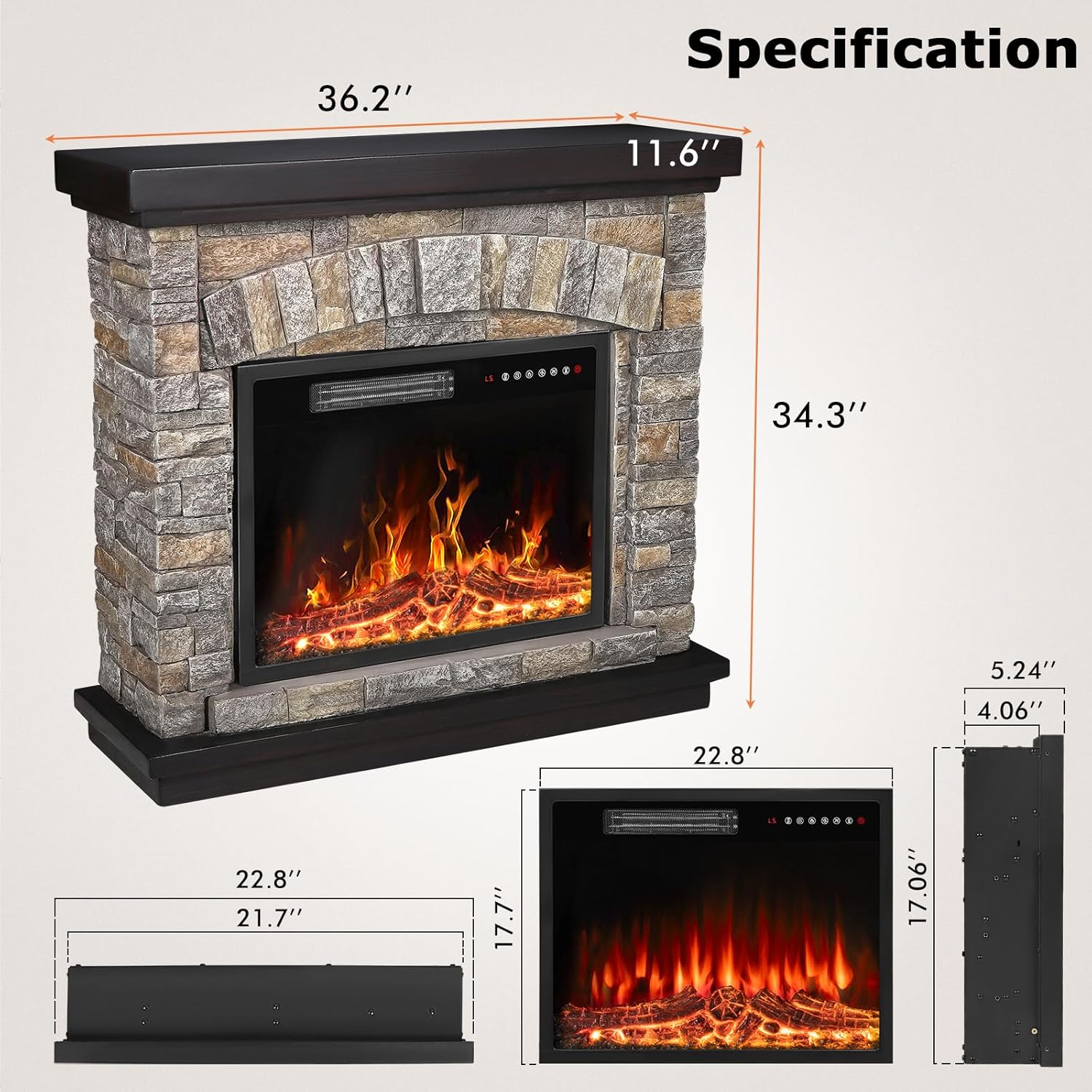PUKAMI Electric Fireplace with Mantel, 36 inch Freestanding Stone Fireplace Heater TV Stand with Remote Control, Realistic Flame Effect and 3D Log, 750W/1500W