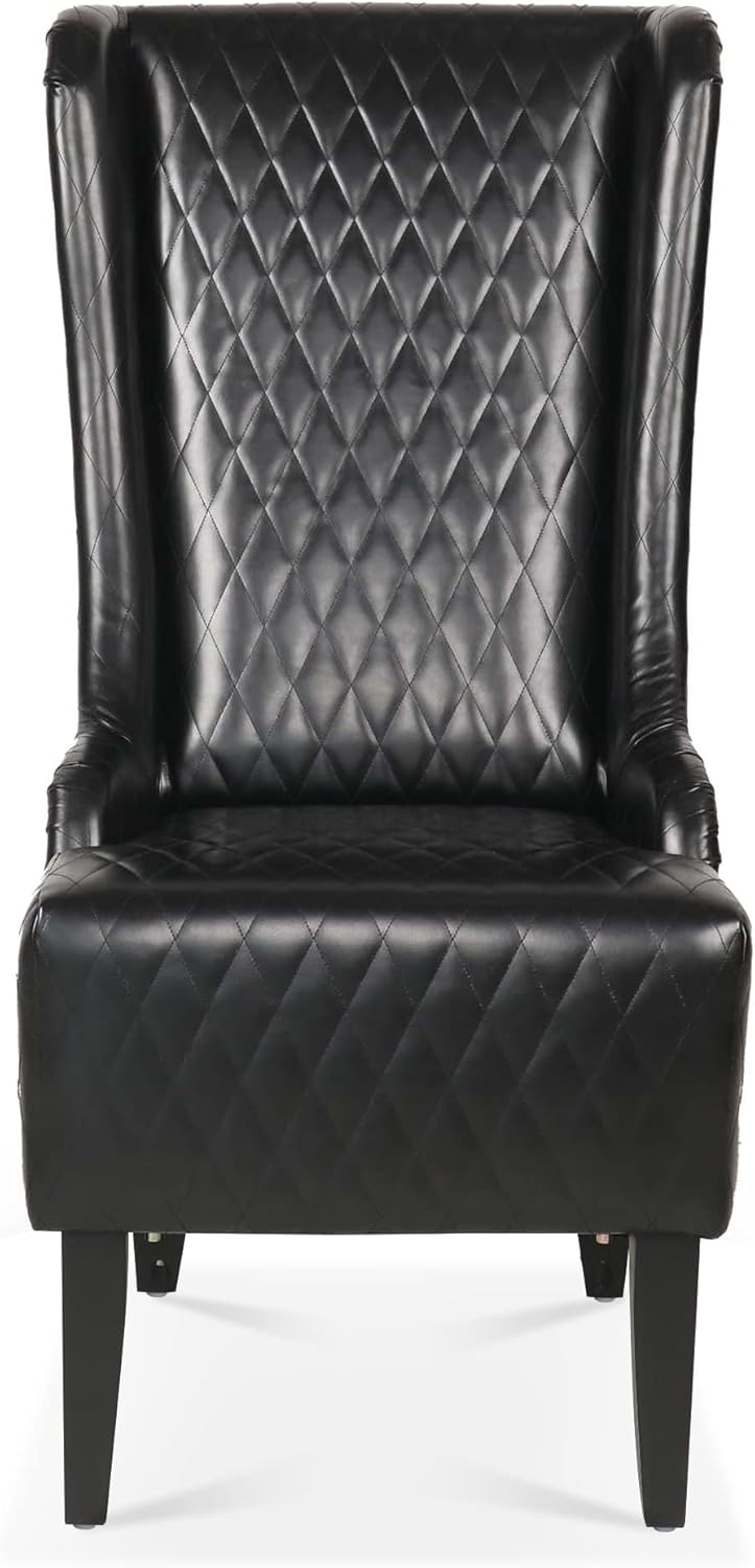 23.03" Wide Faux Leather High-Back Accent Chair, Comfy High Wingback Chair, Living Room Chair with Soft Padded & Wooden Legs, Modern Side Chair for Living Room, Bedroom, Black