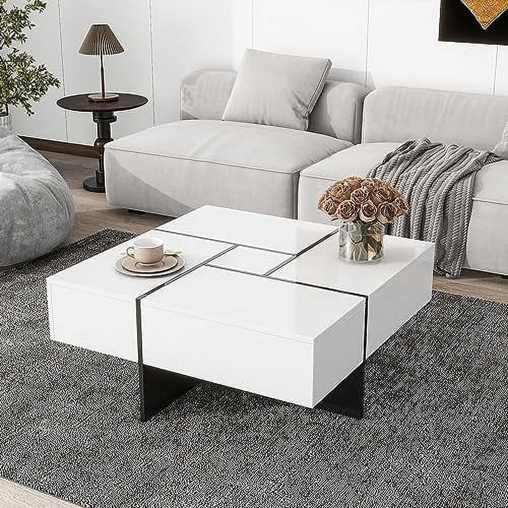 TJUNBOLIFE Coffee Table with 4 Hidden  Compartments  Square Cocktail Table with Extendable Sliding Tabletop  UV High-Gloss Design Center Table for Living Room（Brown）