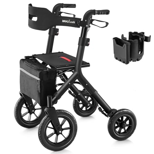 Rollator Walker with Seat, Tall Walkers for Seniors, 12" Big Rubber Wheels All Terrain Rollator Walker with Backrest, Built-in Cable, Foldable and Dual Adjustable Height for 5.3-7ft, Red