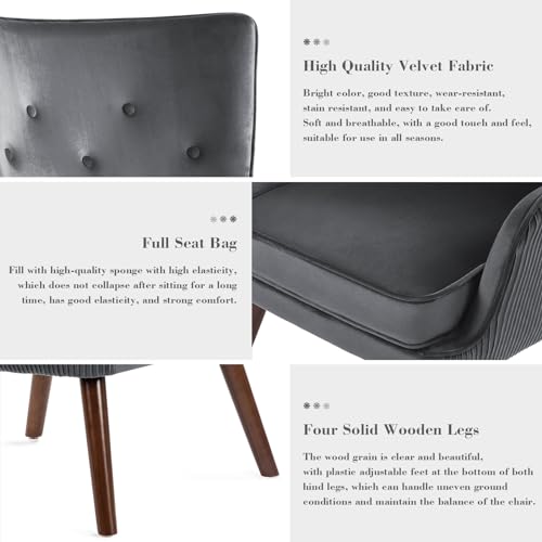 Wingback Velvet Accent Chairs, Mid Century Modern Arm Chair Tufted Button Armchair, Comfy Upholstered Club Lounge Sofa Reading Chair with Solid Wood Legs for Living Room, Bedroom, Blue