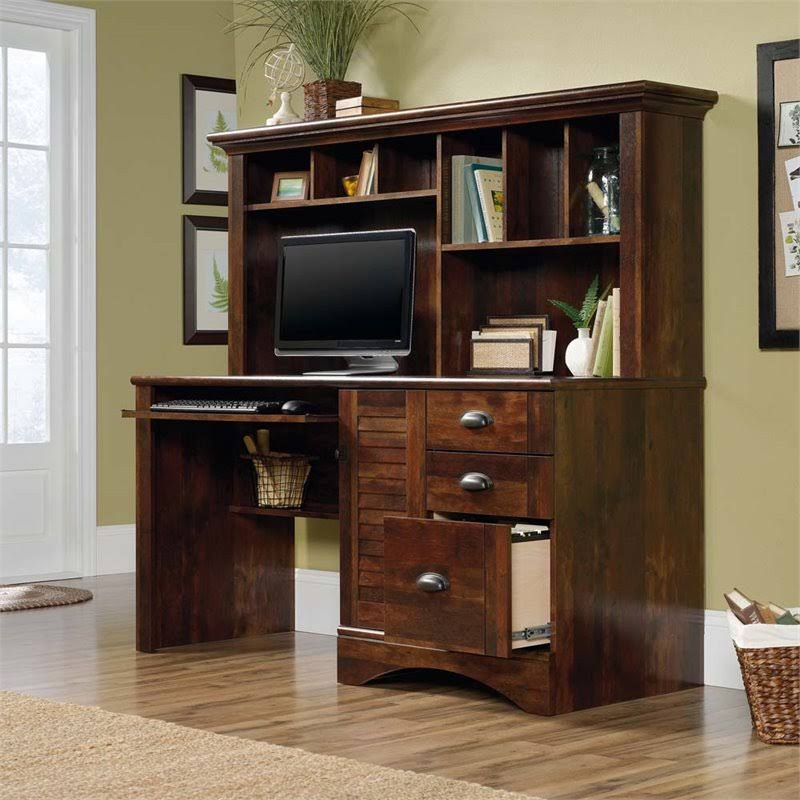 Sauder Harbor View 2 Piece Computer Desk with Hutch and File Cabinet Set in Cherry