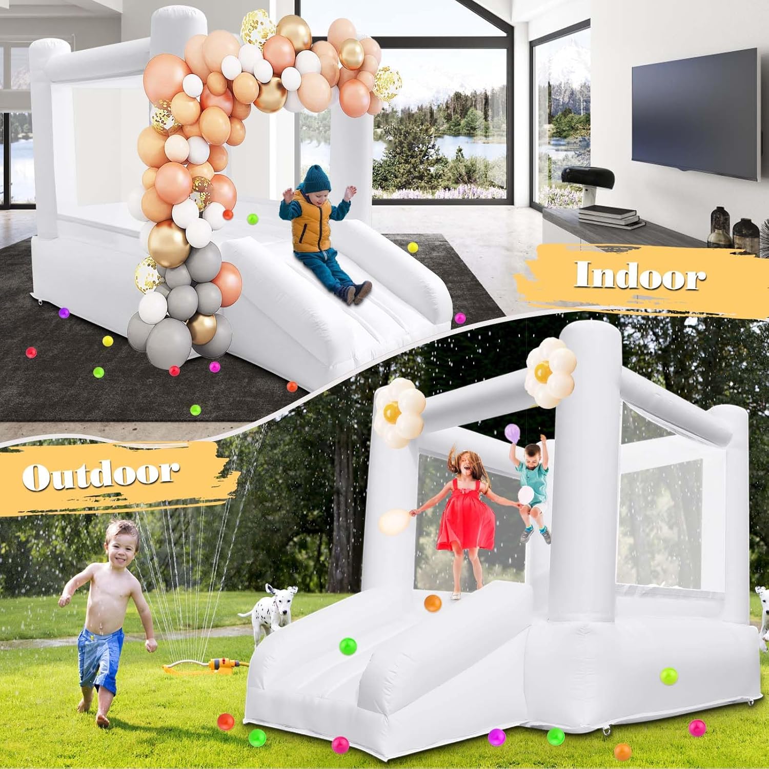 Small White Bounce House with Slide, Mini Indoor Bounce House Castle for Kids Aged 2-6, Outdoor Inflatable Jump House with UL Blower for Family Backyard Toddler Birthday Party