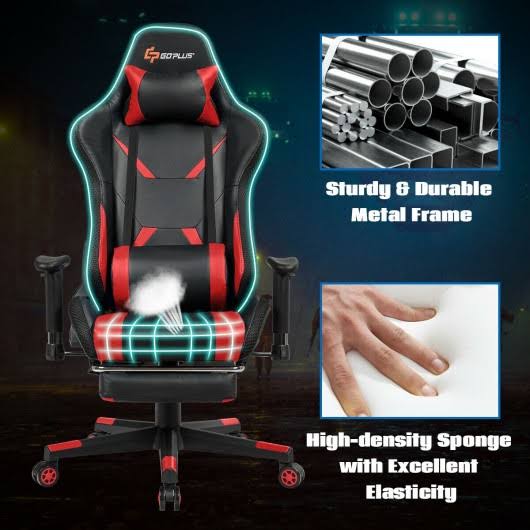 Costway Massage Racing Gaming Chair Chair with RGB LED Lights-Red
