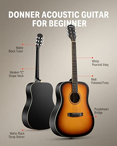 Donner 41'' Full Size Acoustic Guitar - Complete Beginner Kit for Adults, Teens with Free Online Lesson, Dreadnought Acustica Guitarra Bundle Set with Gig Bag, Strap, Tuner, Pickguard, Black DAG-1B
