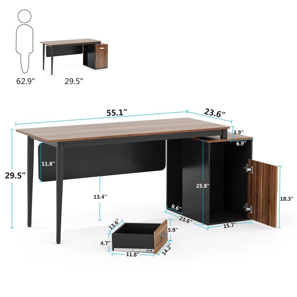 55 inch Computer Desk Modern Office Desk with Drawers and Storage Cabinet - Multi
