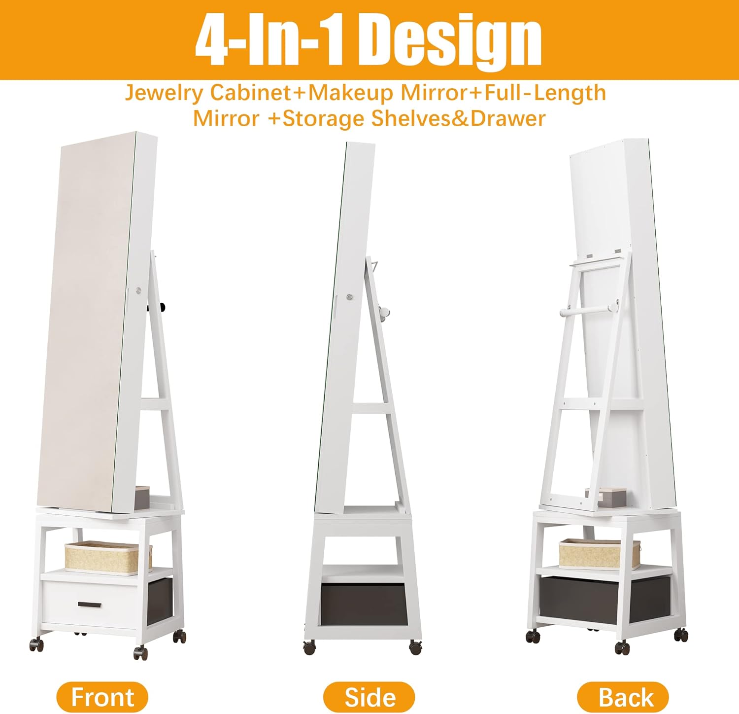 360° Swivel Jewelry Armoire, Floor Standing Locking with Full Length Mirror,Bottom Drawer, Shelf, Wheels,White Cabinet with Large Storage Capacity (White push-pull)
