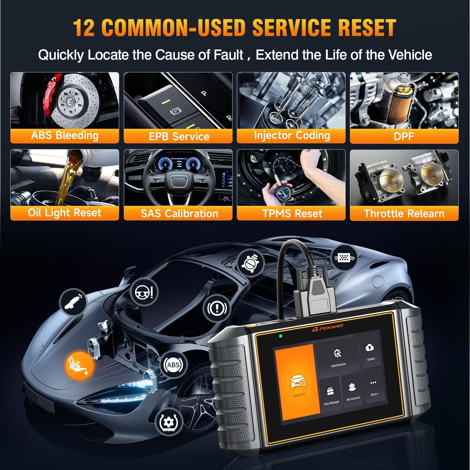 FOXWELL NT726 All System OBD2 Scanner Tablet with 12 Reset Service for All Cars Engine ABS Airbag Transmission Diagnostic Code Reader Scan Tool with Oil EPB TPMS BMS TPS Injector Coding Air Suspension
