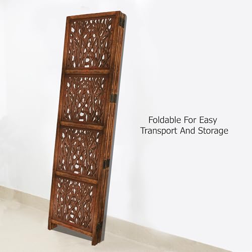 Room Divider Wood Screen - Ghanti Bells Antique Brown - 4 Panel Folding 72 x 80 - Assembled Hand Carved Decorative Functional Versatile Portable Partition Reversible Privacy Boho - COTTON CRAFT