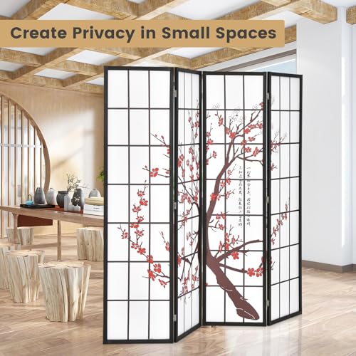 GOFLAME Japanese Style 4 Panel Room Divider, 6ft Folding Shoji Screen Room Partition with Plum Blossom Design, Solid Wood Frame, Freestanding Wall Divider, Indoor Room Separator for Home Office
