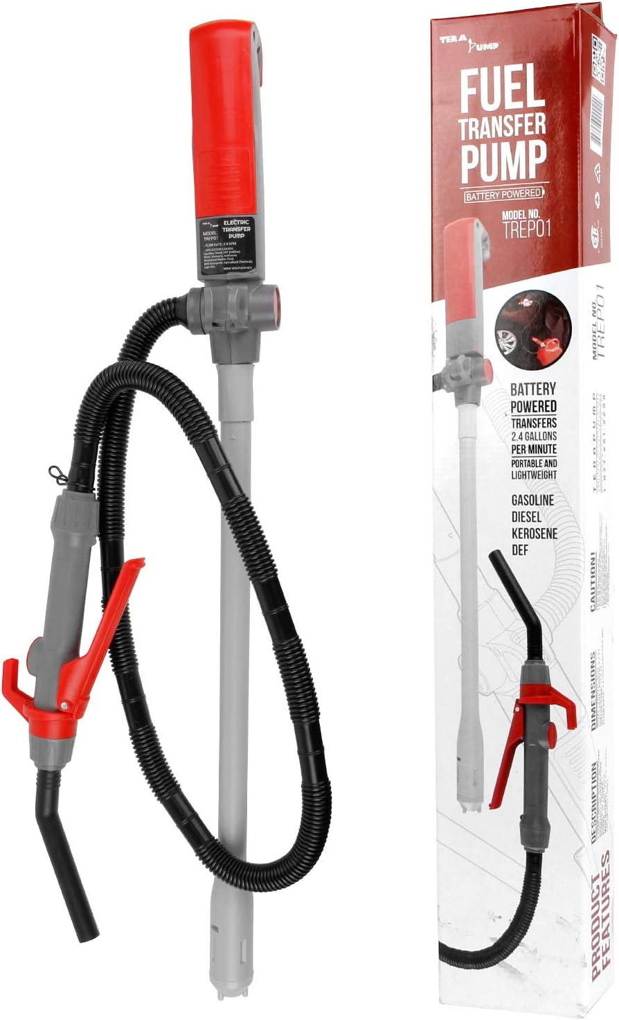 TERA PUMP TREP01-TXL Multi-Purpose Battery Powered Fuel Liquid Transfer Pump - 10ft Extra Long Hose, Easy Flow Control, 9 liters per min Pack of 2