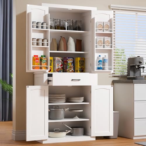HollyHOME 72" Kitchen Pantry Cabinet, Storage Cabinet with 4 Doors and 1 Drawer, Freestanding Cupboard with Adjustable Shelves and 6 Door Shelves for Kitchen, Dining Room, Living Room, White